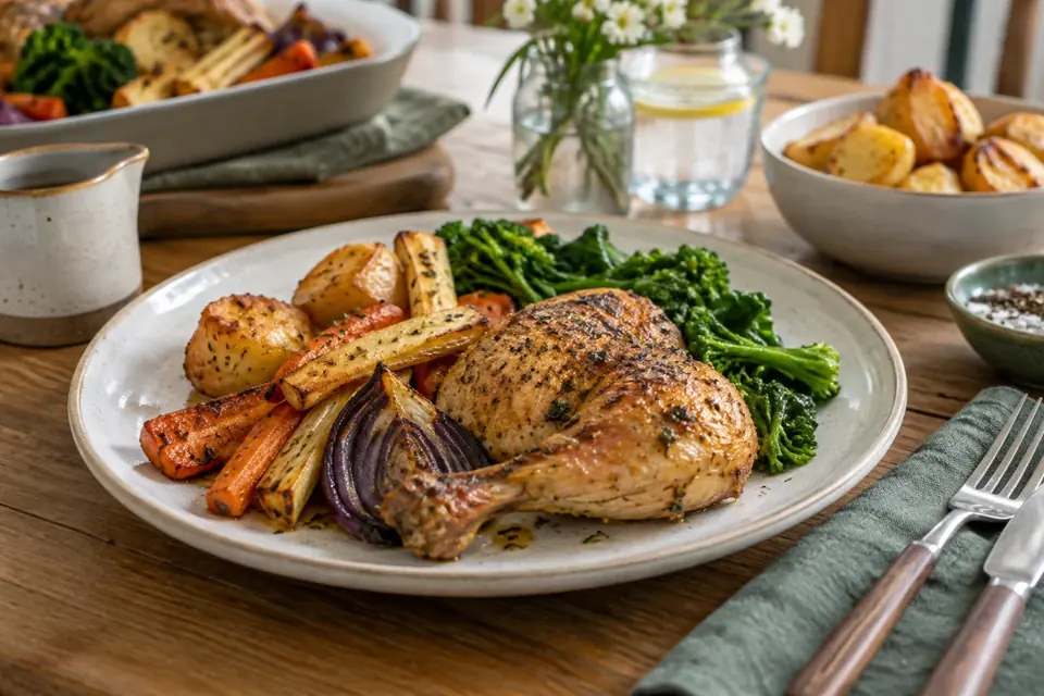 Vardagsmiddag på tallrik – ugnsstekt kycklingklubba med rostade rotfrukter, potatis och broccolini