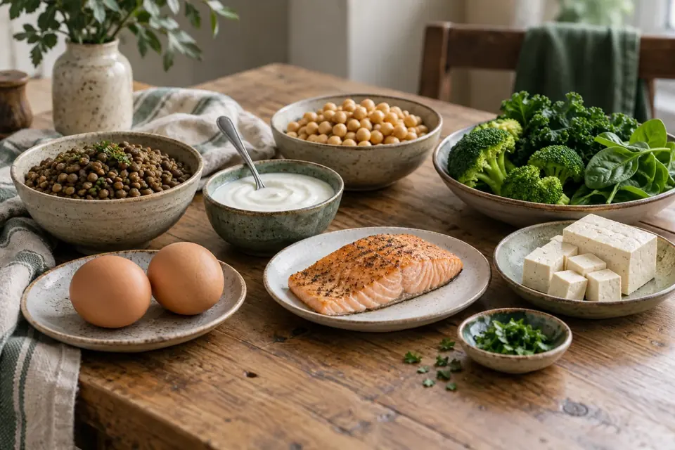Proteinrika råvaror på ett bord – lax, ägg, linser, kikärtor, yoghurt och tofu