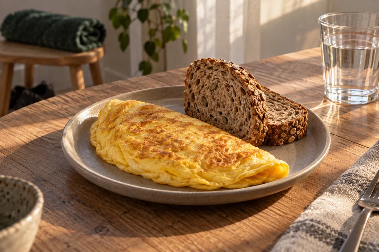 Omelett med fullkornsbröd och ett glas vatten efter träning