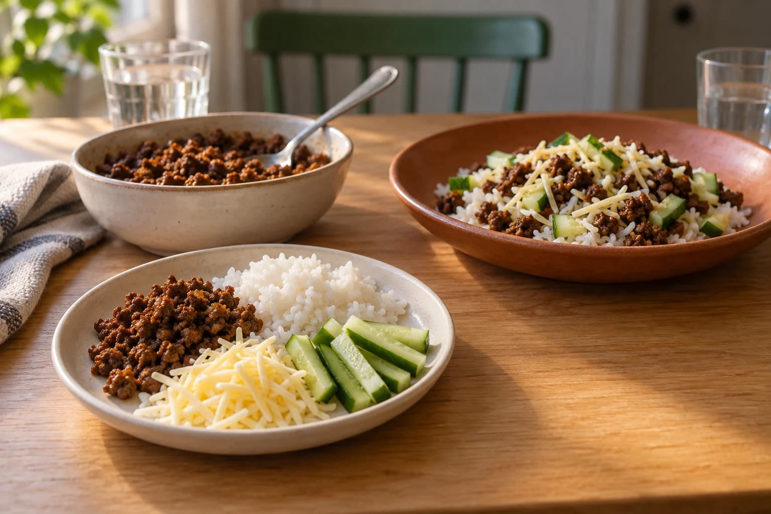 Tacofärs, ris, ost och gurka serverade var för sig på en liten tallrik och blandade på en större