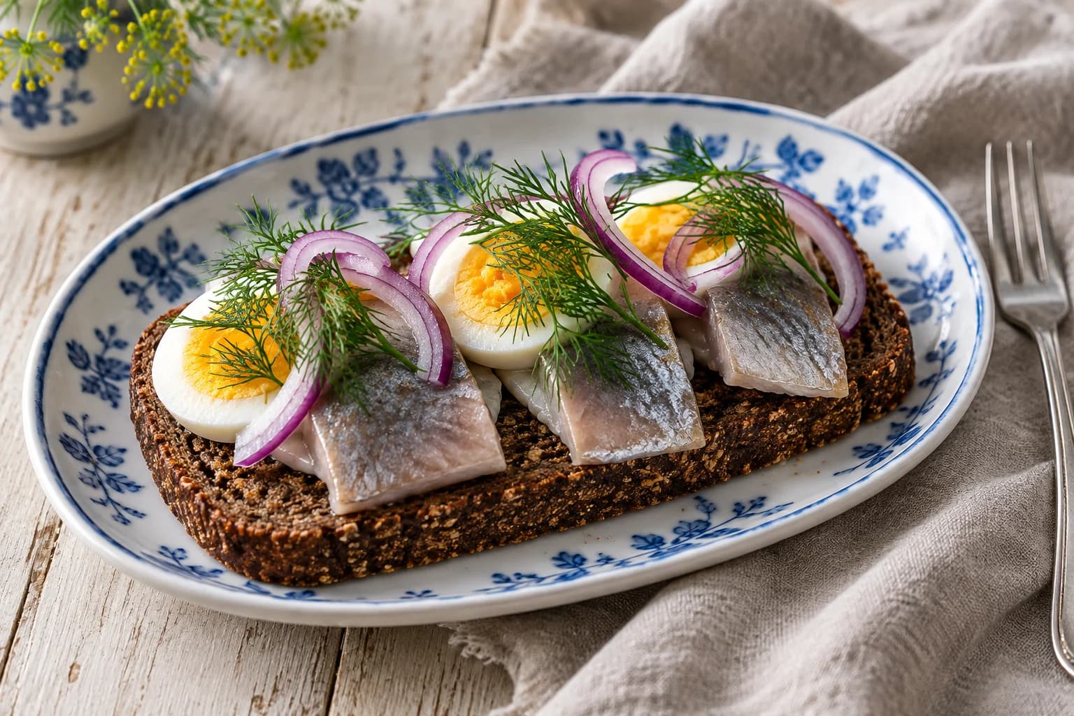 Rågsmörgås med matjessill, kokt ägg, rödlök och dill från veckomenyns torsdag
