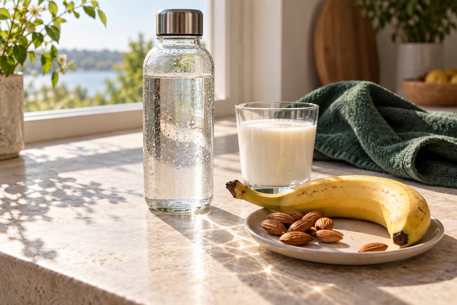 Vattenflaska, ett glas mjölk, banan och mandlar i sommarljus efter träning