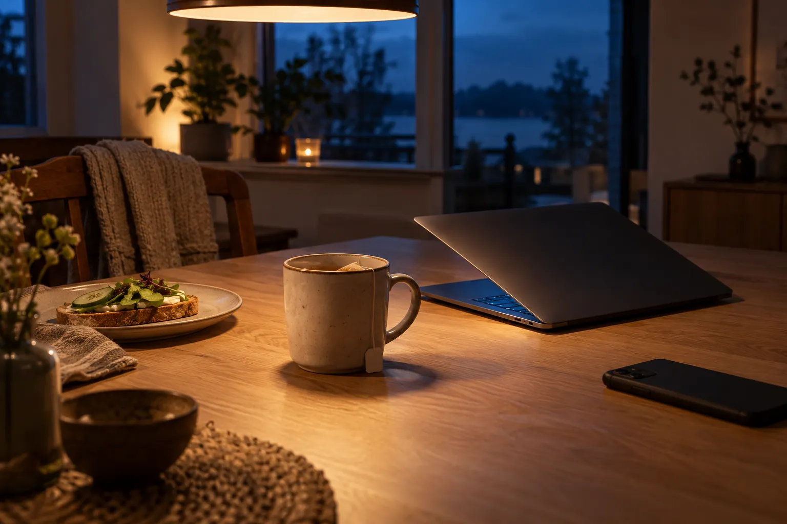 Köksbord sent på kvällen med halvstängd laptop, kall tekopp och orörd smörgås under en varm lampa