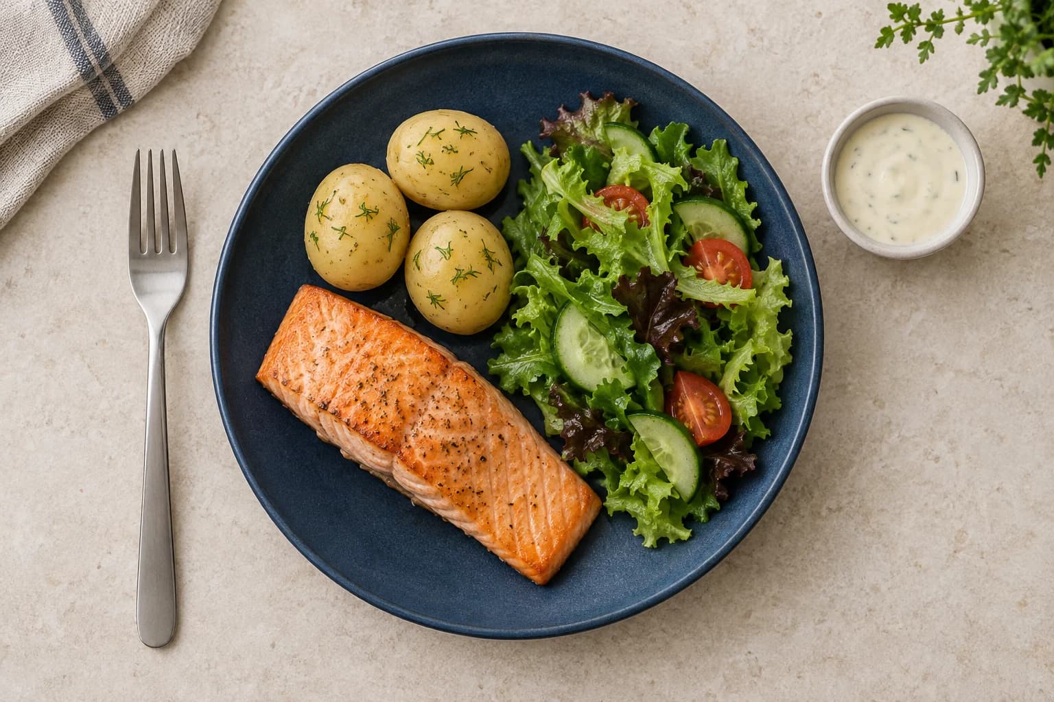 Lax, kokt potatis och sallad fotograferade rakt ovanifrån med såsen separat