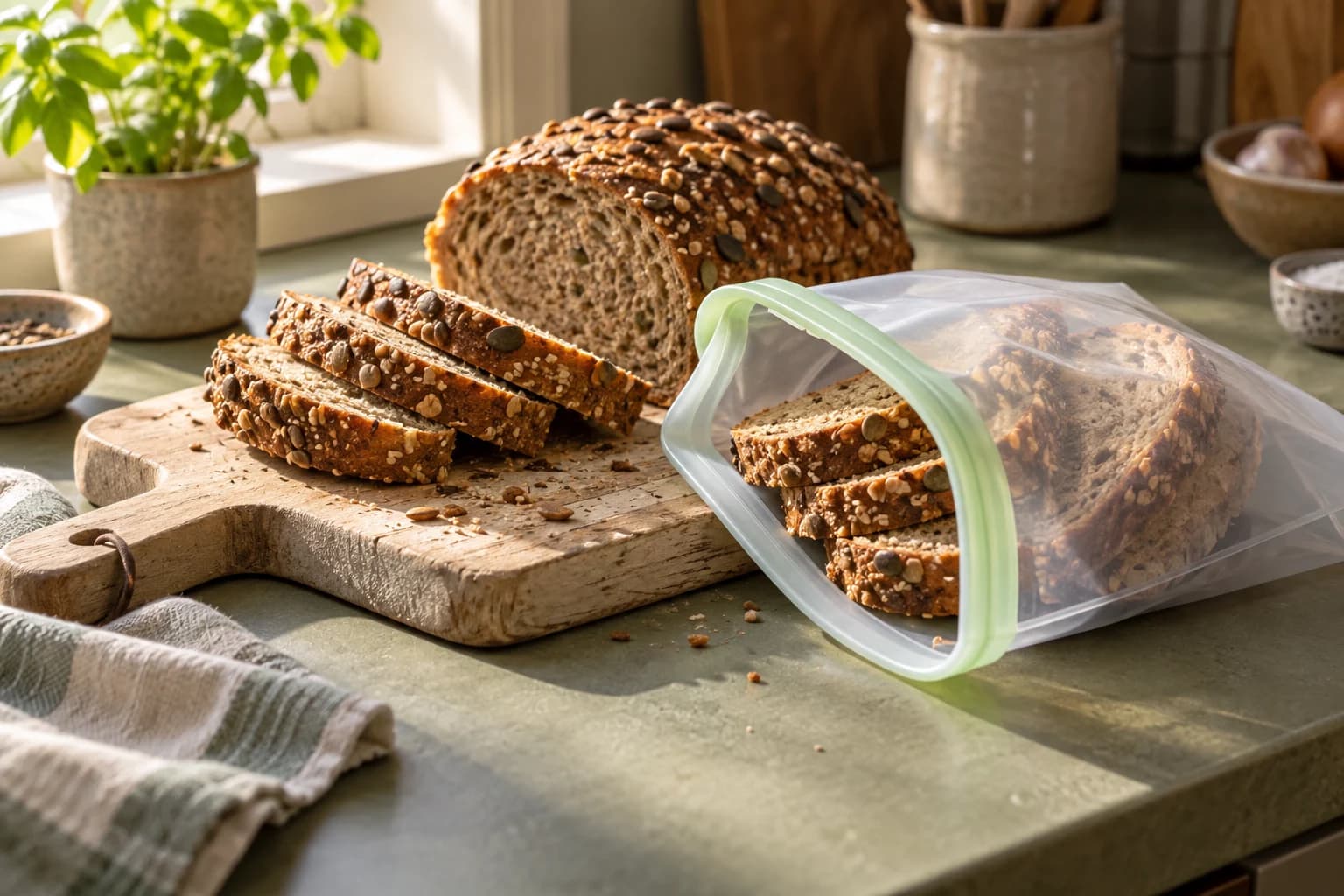 Skivat bröd förpackas i en återanvändbar fryspåse på en skärbräda