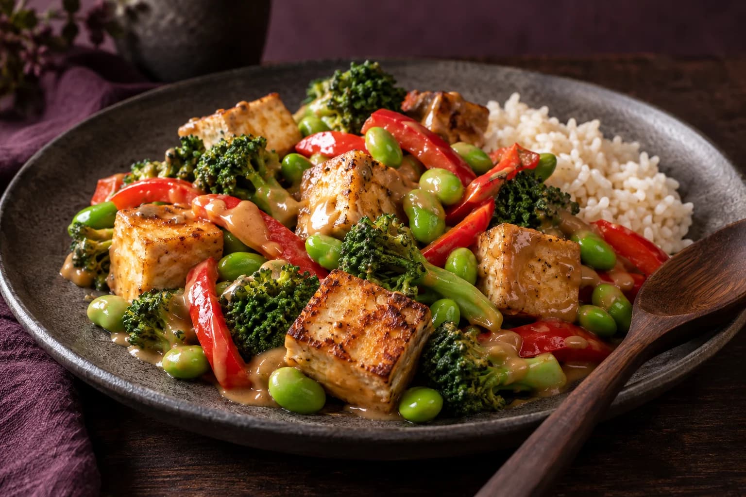 Stekt tofu med edamame, broccoli, paprika och jordnötssås från recept fem