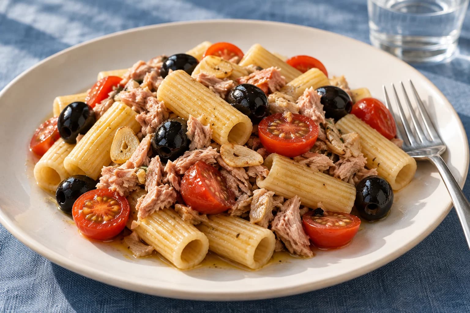 Pasta med tonfisk, svarta oliver och körsbärstomater enligt middagstips nummer sju