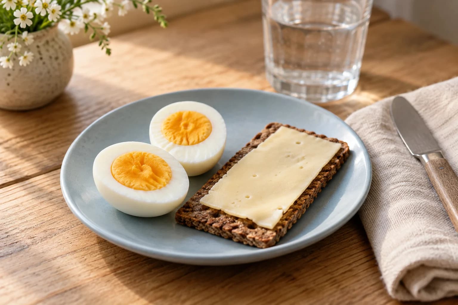 Kokt ägg och rågknäckebröd med mild ost som ett av artikelns lunchförslag