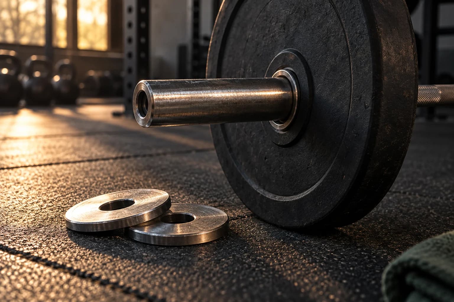 Små viktskivor bredvid änden på en skivstång på gymgolvet