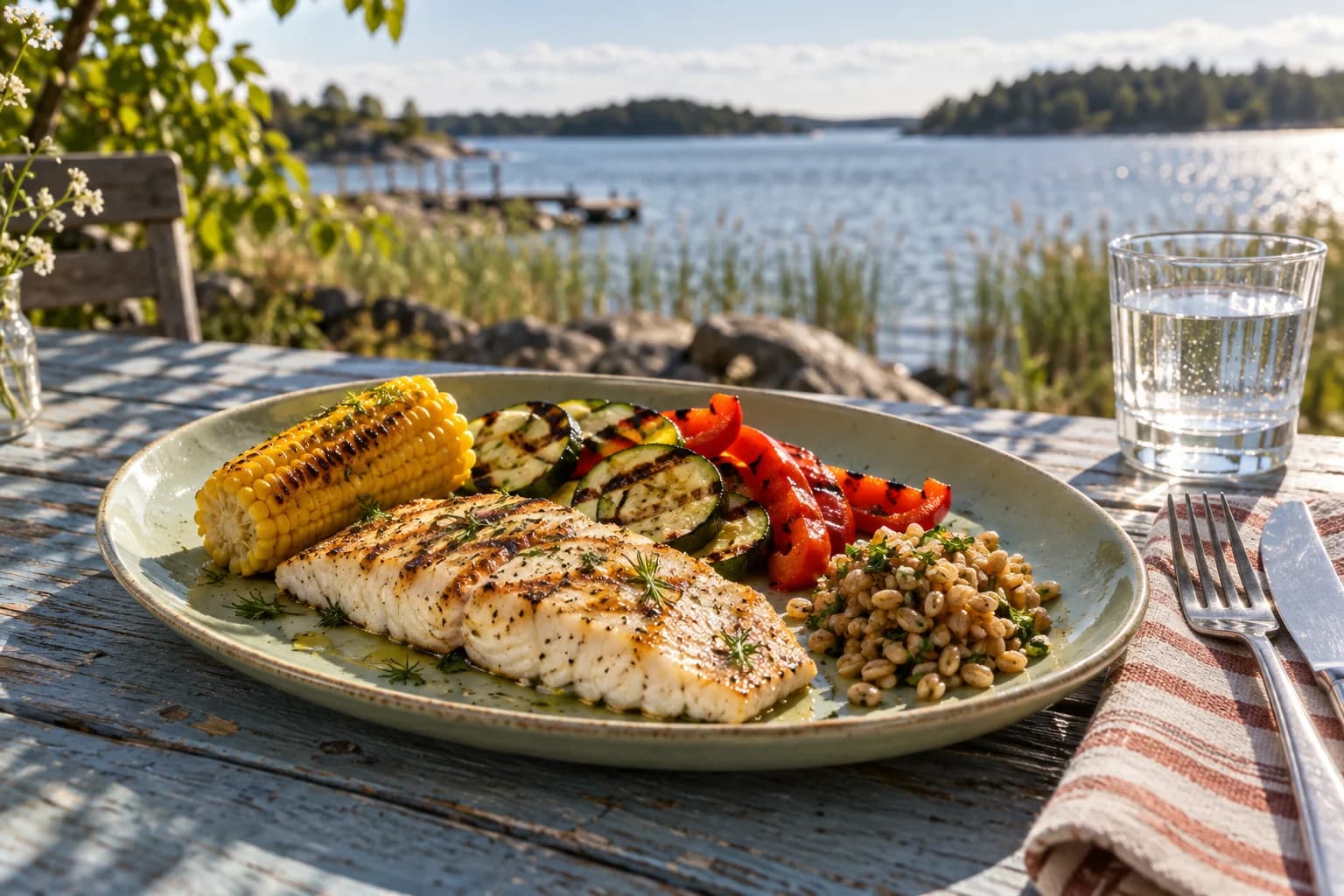 Grillad fisk med zucchini, paprika och majskolv på ett sommarbord vid vattnet
