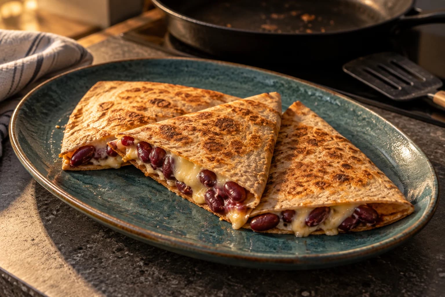 Quesadilla med ost och bönor, skuren i gyllene trianglar från snabbmiddagslistan