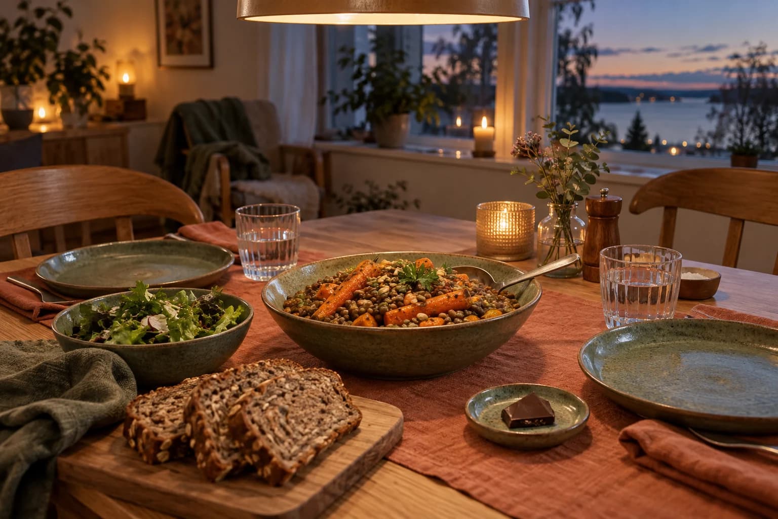 Dukat vardagsbord med gemensam middag, bröd och en liten bit choklad