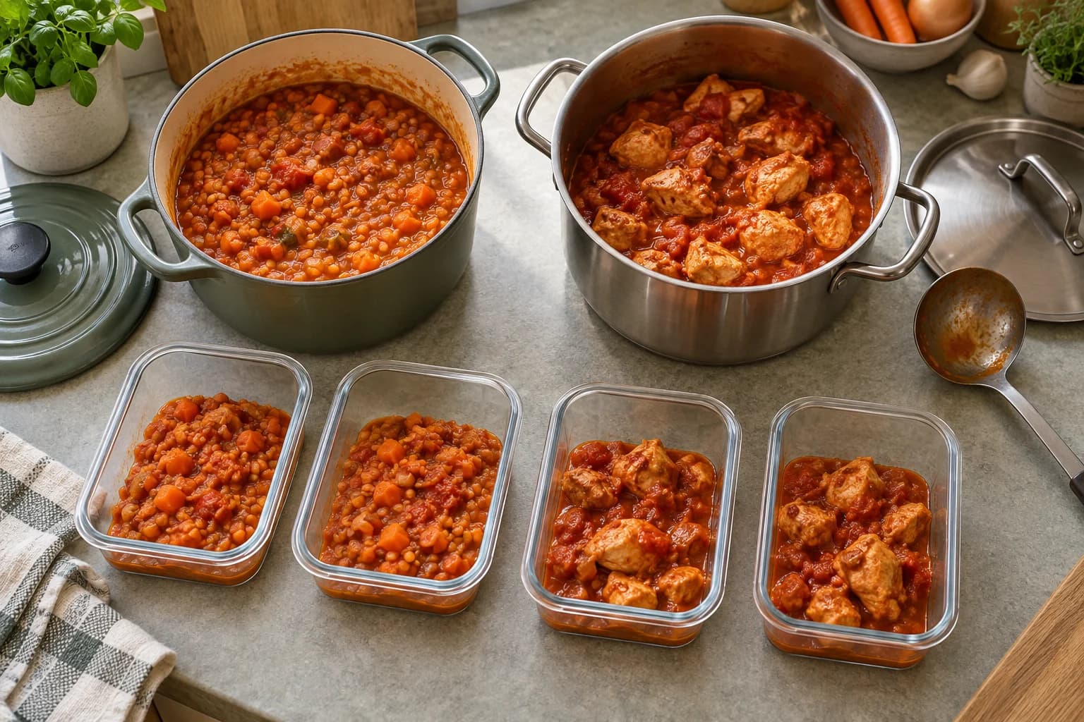 Linsgryta och kyckling i tomatsås fördelas i mindre portionslådor vid två grytor