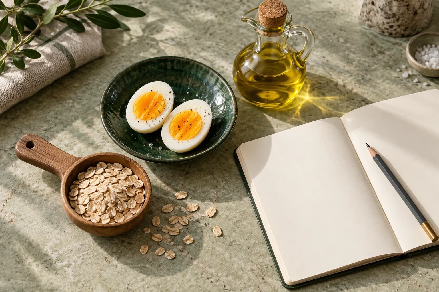 Ägg, havre och olivolja bredvid en anteckningsbok som illustration till energi och makron