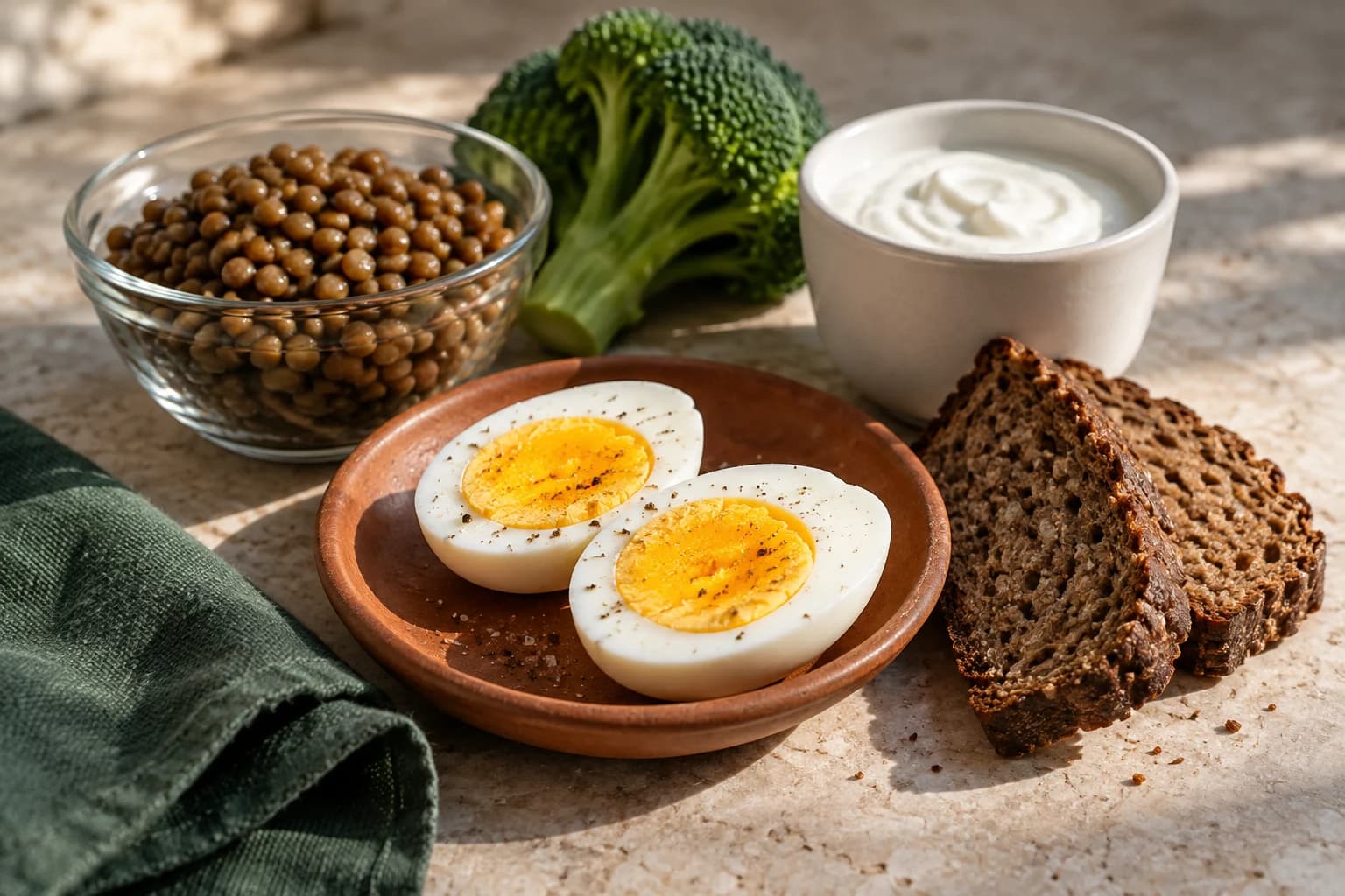 Ägg, rågbröd, broccoli, linser och naturell yoghurt på ett köksbord