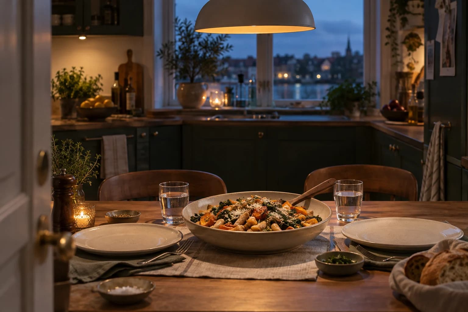 Dukat middagsbord i ett varmt kök med tillagad mat i serveringsfat