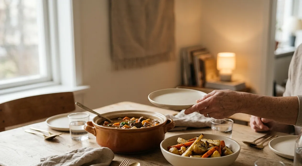 En familj dukar upp en enkel vardagsmiddag – gryta och rostade rotfrukter på ett varmt köksbord