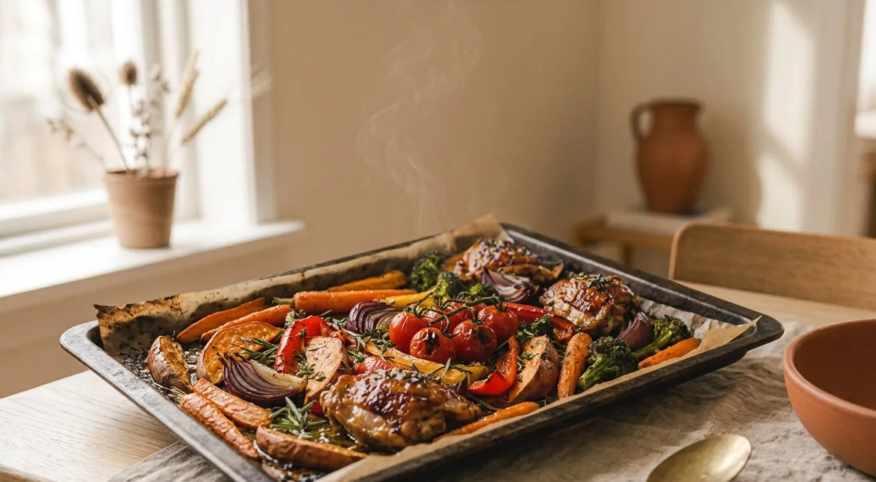 A sheet pan of marinated chicken thighs and colourful roasted vegetables – a healthy everyday dinner