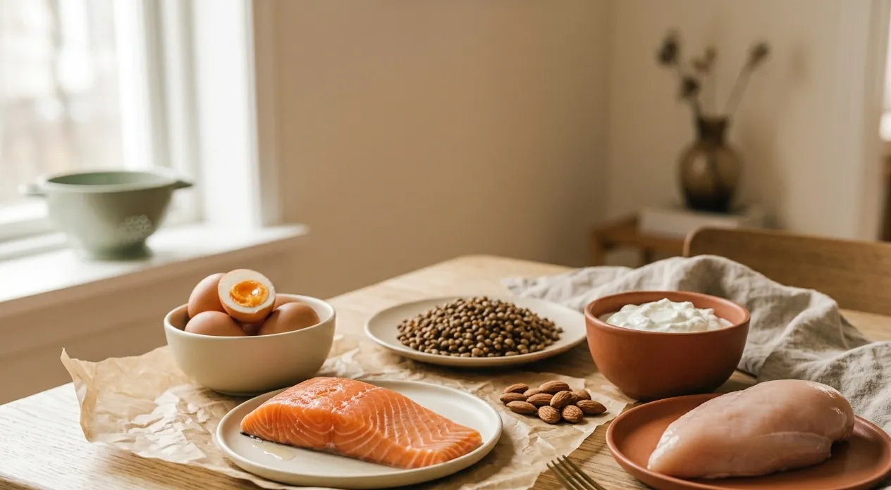 Proteinrika råvaror på ett bord – färsk lax, ägg, linser, skyr, mandlar och kycklingfilé