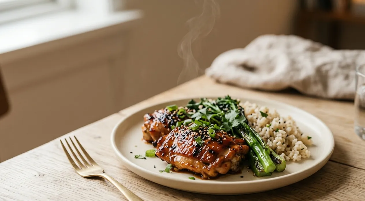 Glazed chicken thighs with sesame, broccolini and wholegrain rice plated on a dish