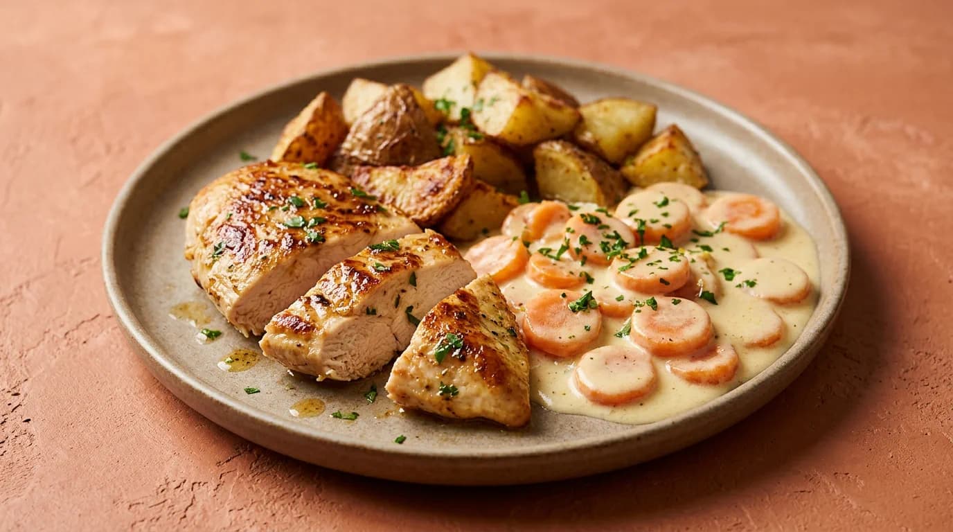 Smörstekt kycklingfilé med morotsstuvning och ugnsrostad potatis