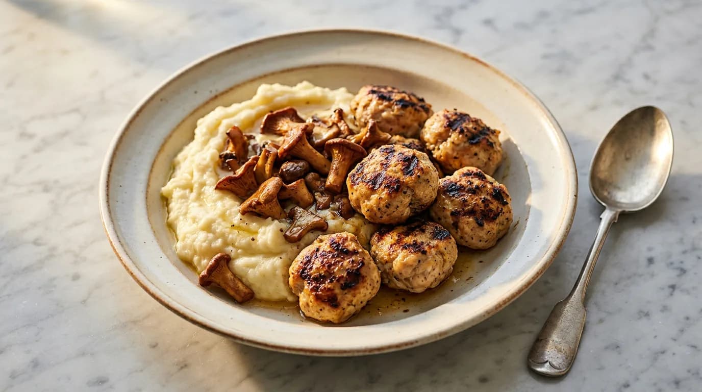 Grillade kycklingköttbullar med krämsmörat blomkålsmos och skogssvamp