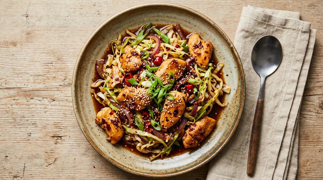 Koreansk Umami-Kycklingwok med Spetskål