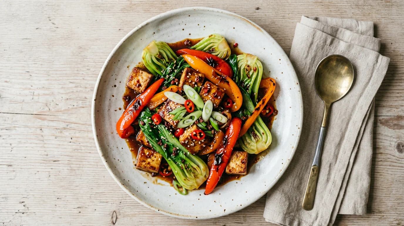 Sichuan-doftande stir-fry med tofu, bok choy och paprika