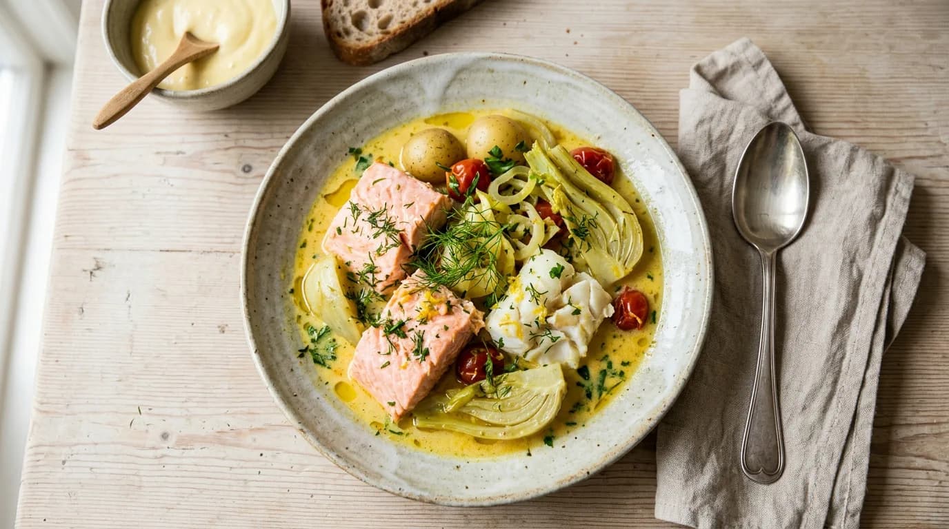 Sydfransk Bourride med lax, torsk och fänkål