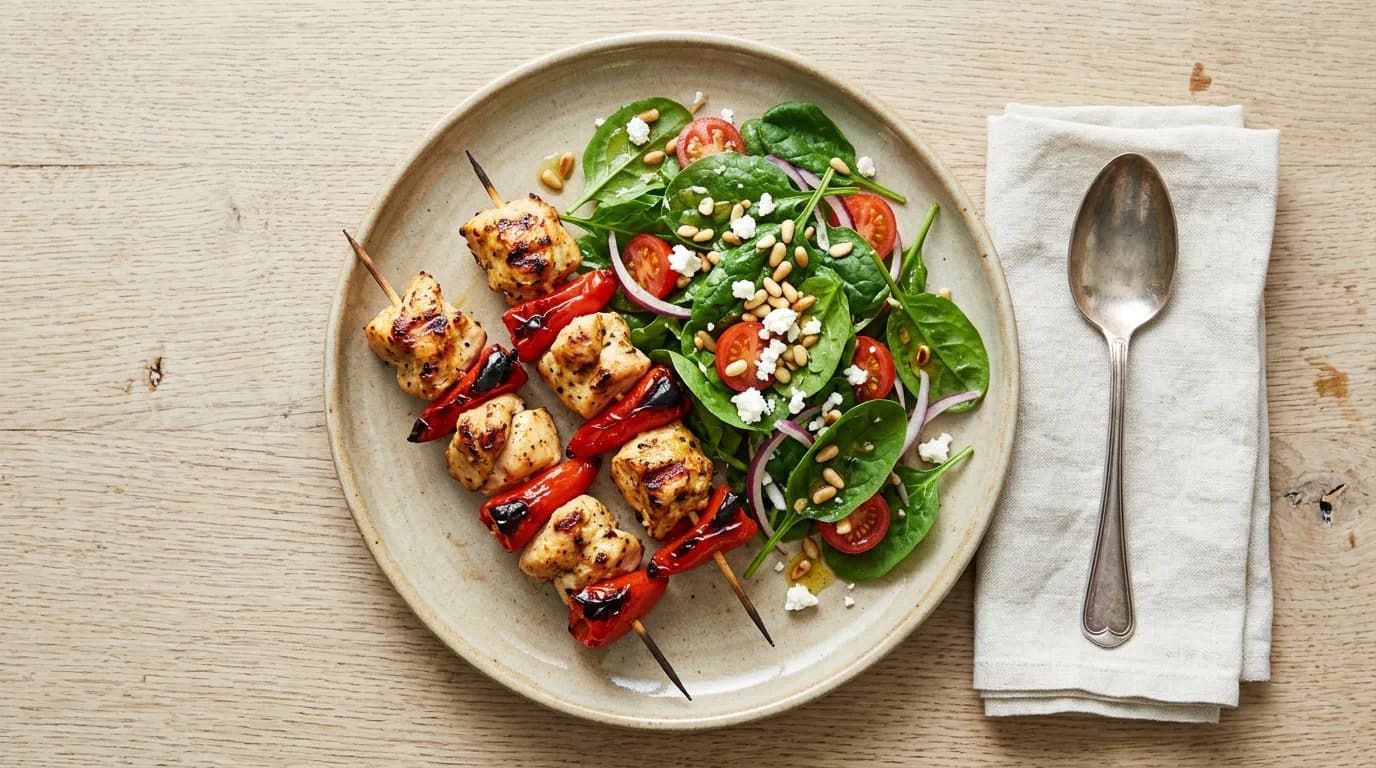 Grillade spansk-inspirerade kycklingspett med paprika och spenatsallad