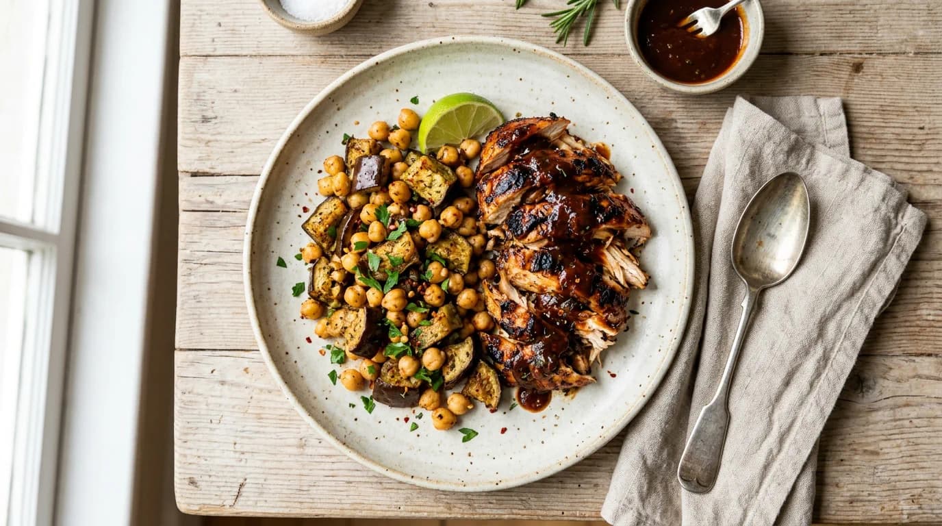 Memphis BBQ-kyckling med kryddstekt aubergine och kikärtor