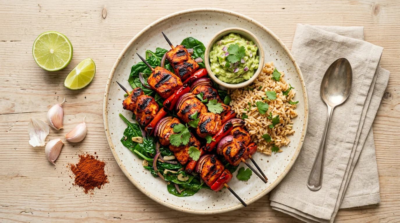 Achiotemarinerade kycklingspett med spets paprika och spenat
