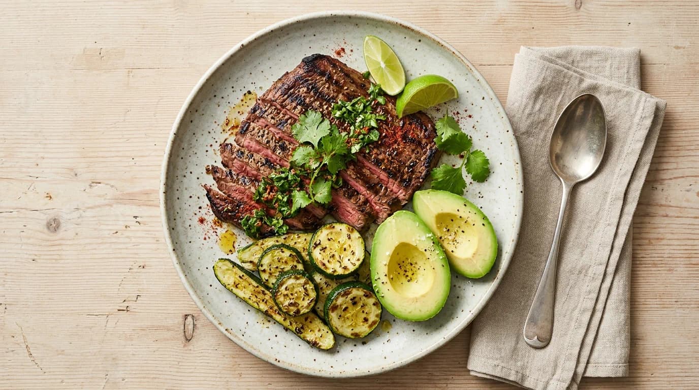 Santa Fe Grilled Flank Steak with Roasted Zucchini & Fresh Avocado
