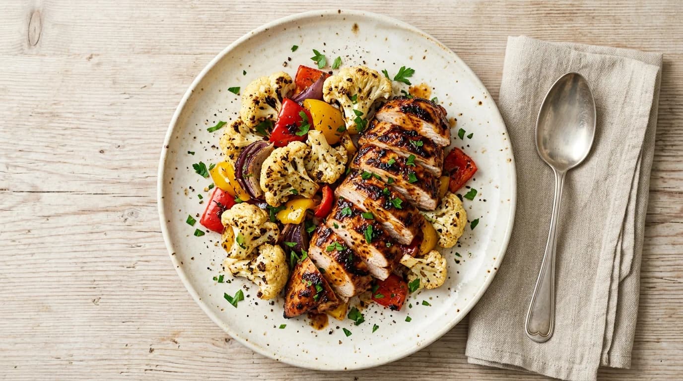 BBQ-marinerad kycklingfilé med ugnsrostad blomkål och paprika