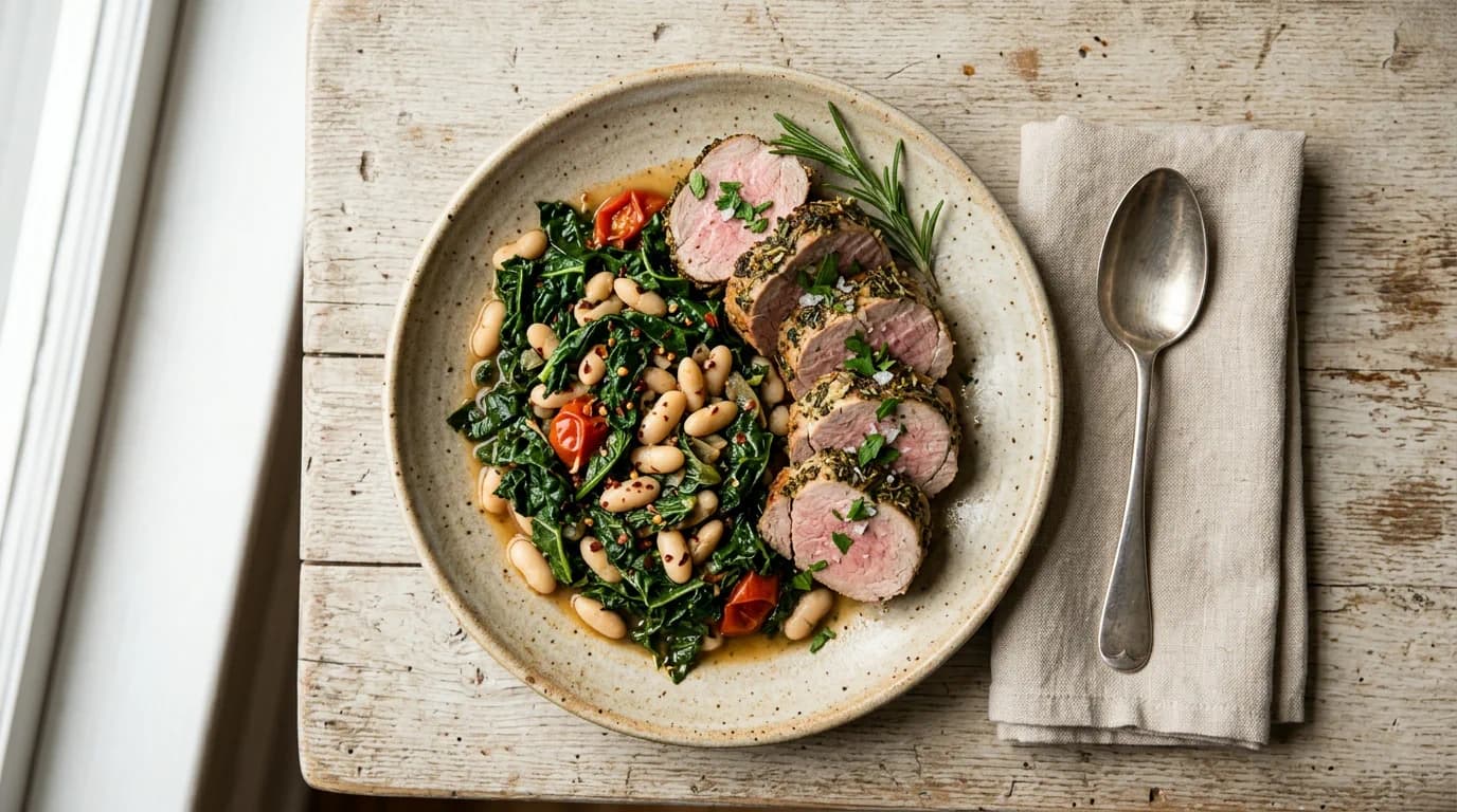 Tuscan Pork Tenderloin with Sautéed Kale and Cannellini Beans