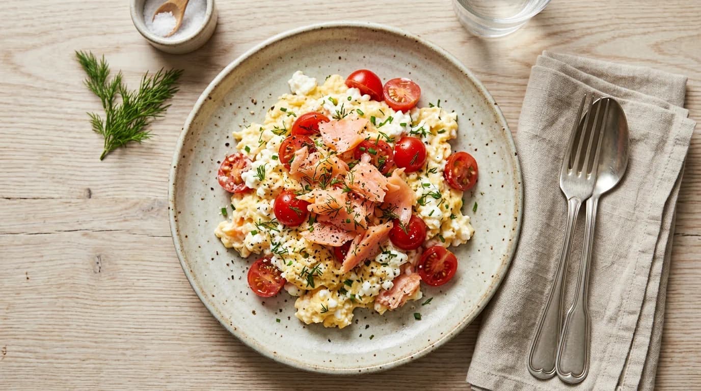Krämig kesoäggröra med rökt lax och söta tomater
