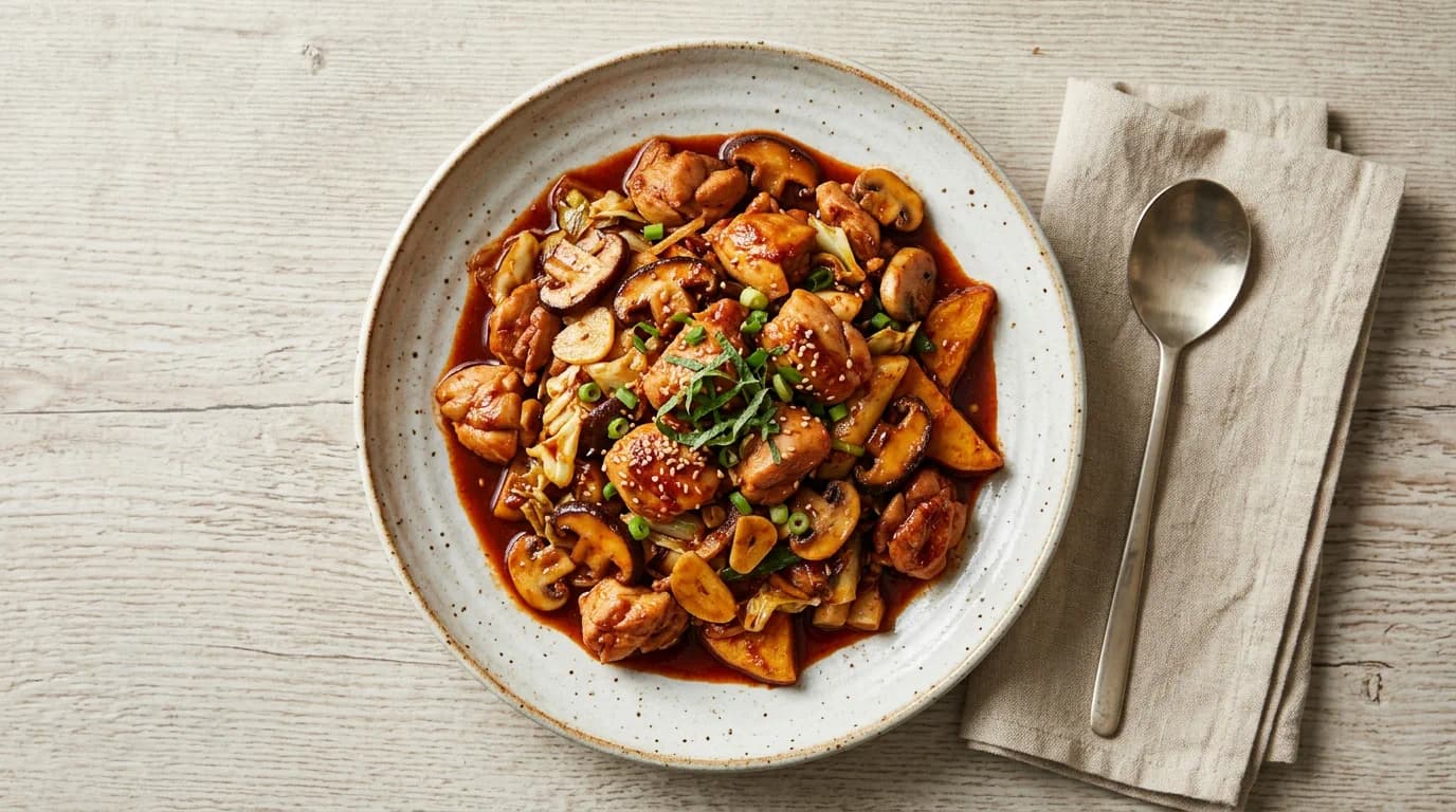Koreansk Dak-galbi med kyckling och champinjoner