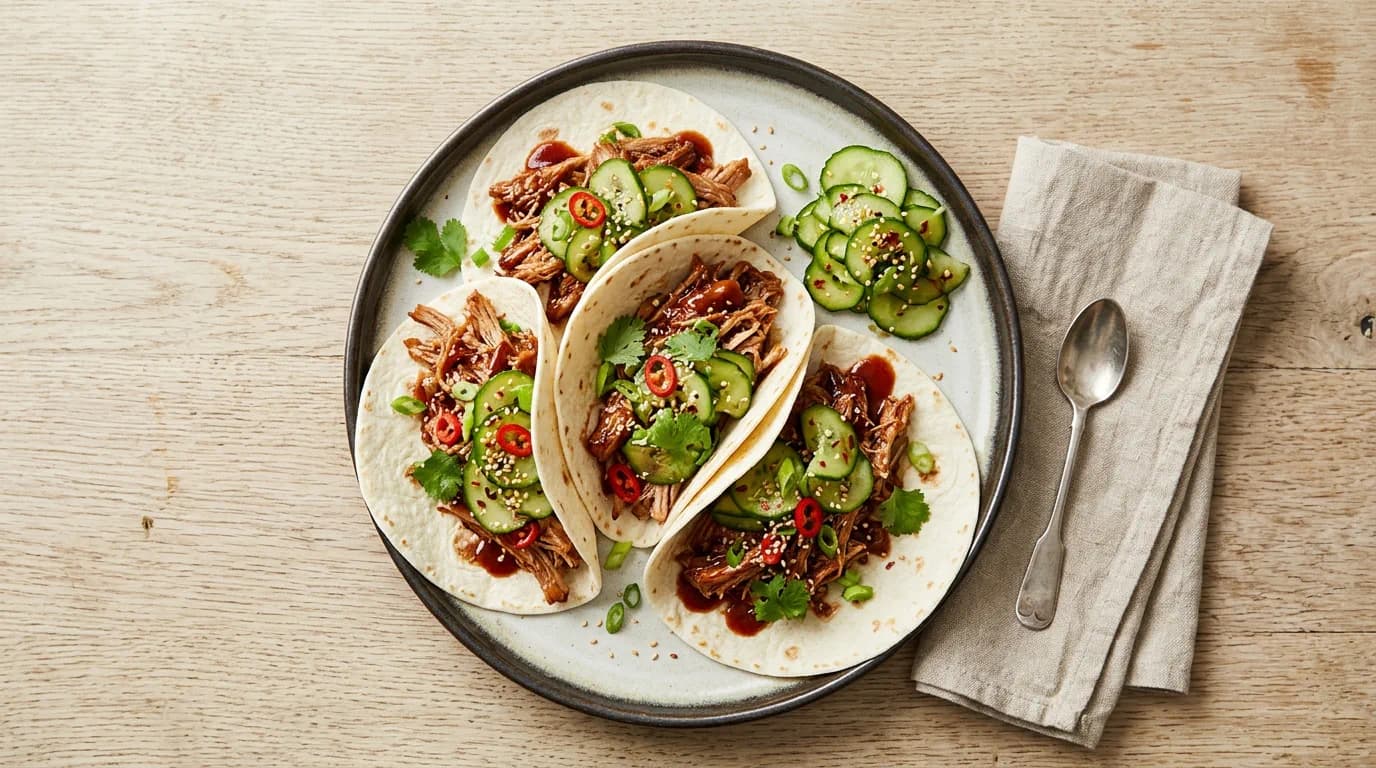 Koreanska Pulled Pork-tacos med Marinerad Gurka