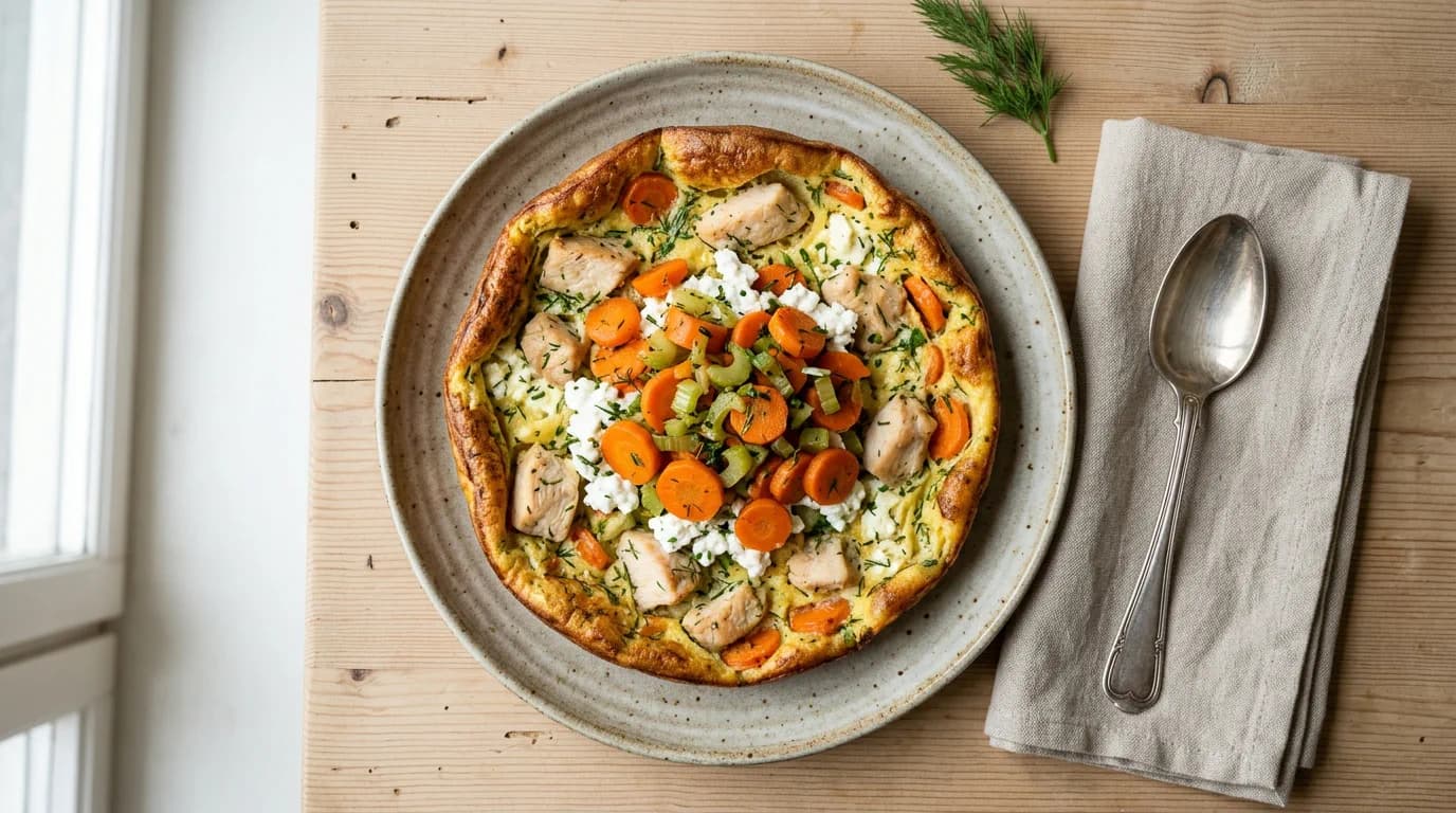 Proteinrik fransk ugnspannkaka med kyckling och morotsfräs