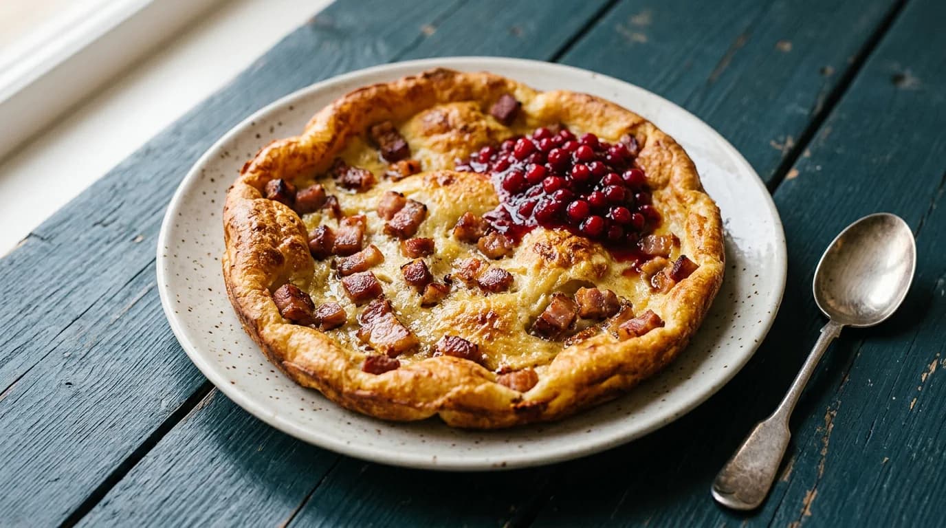 Klassisk ugnstext fläskpannkaka med lingon