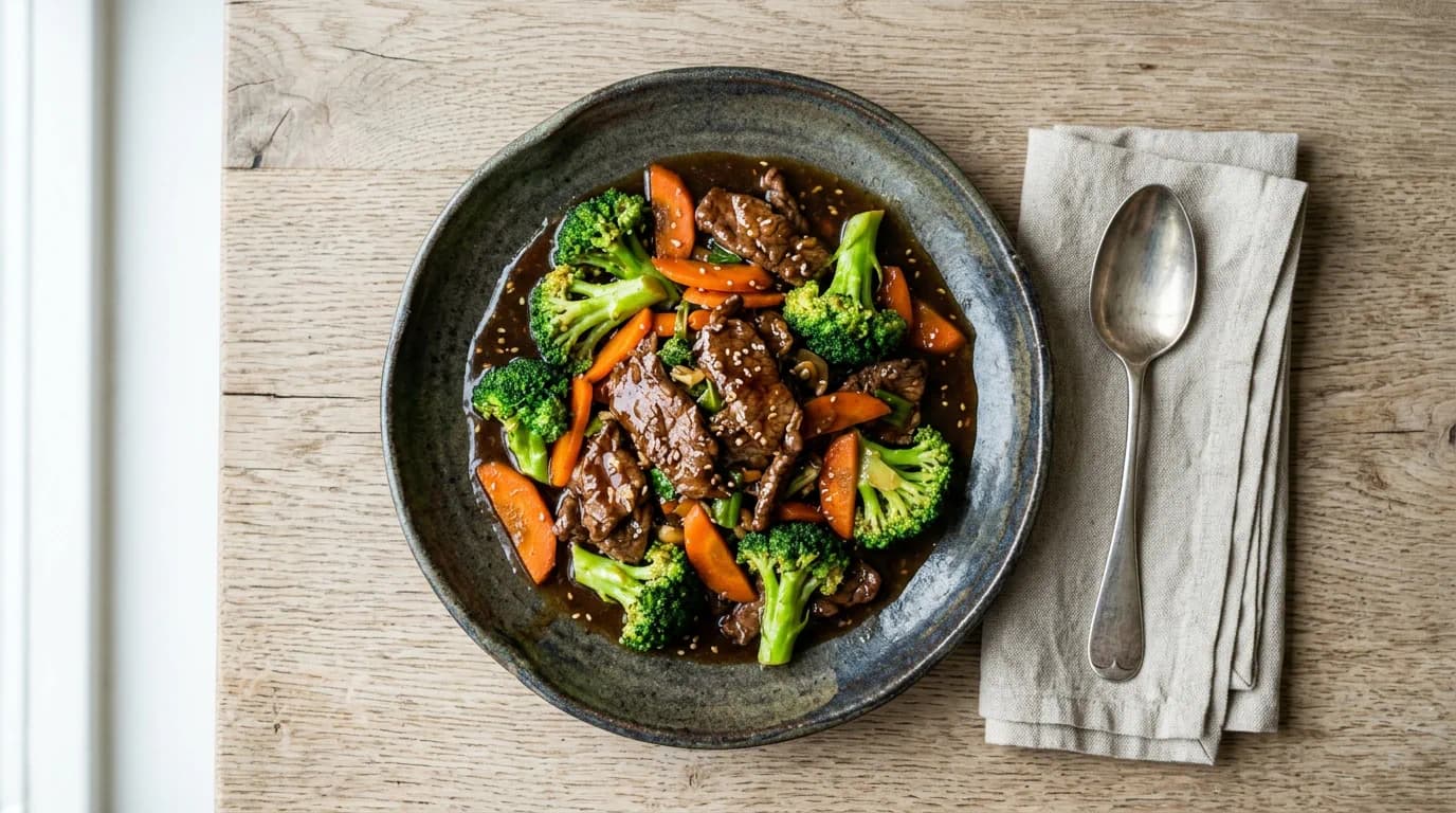 Kinesisk biff i oystersås med morötter och broccoli