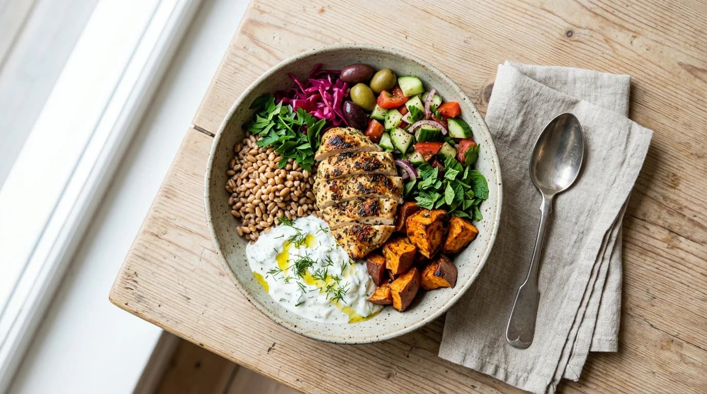 Östmedelhavsk Kycklingbowl med Sötpotatis och Vitlöksyoghurt