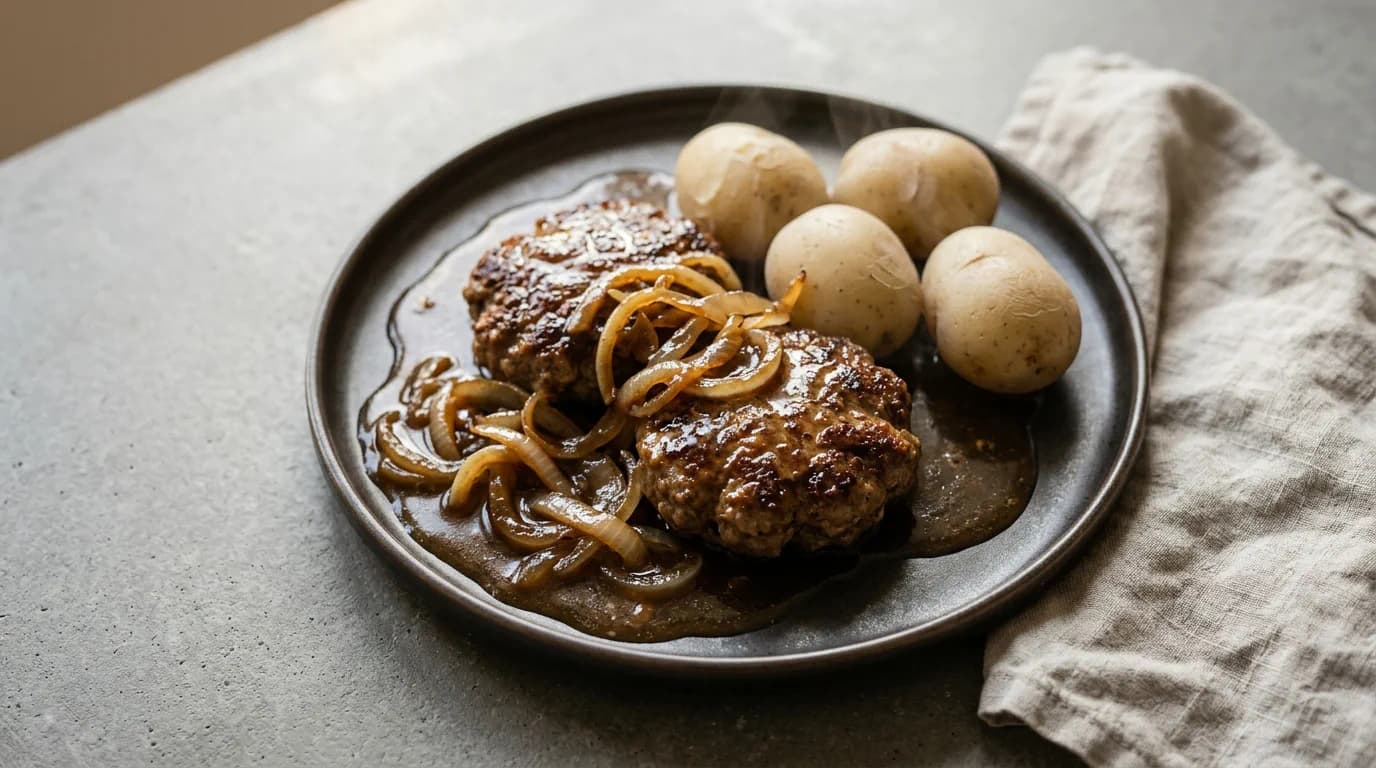 Klassisk Pannbiff med Löksky och Kokt Potatis