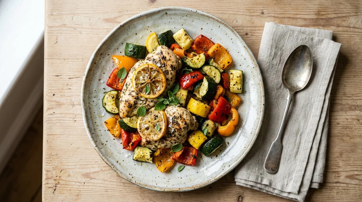 Syditaliensk oregano- och citronkyckling med ugnsrostad zucchini och paprika