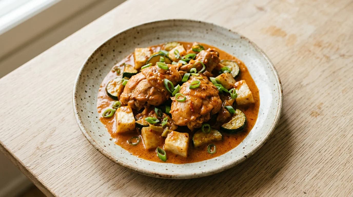 Krämig Sambalkyckling med Zucchinimenuett och Rotsaker