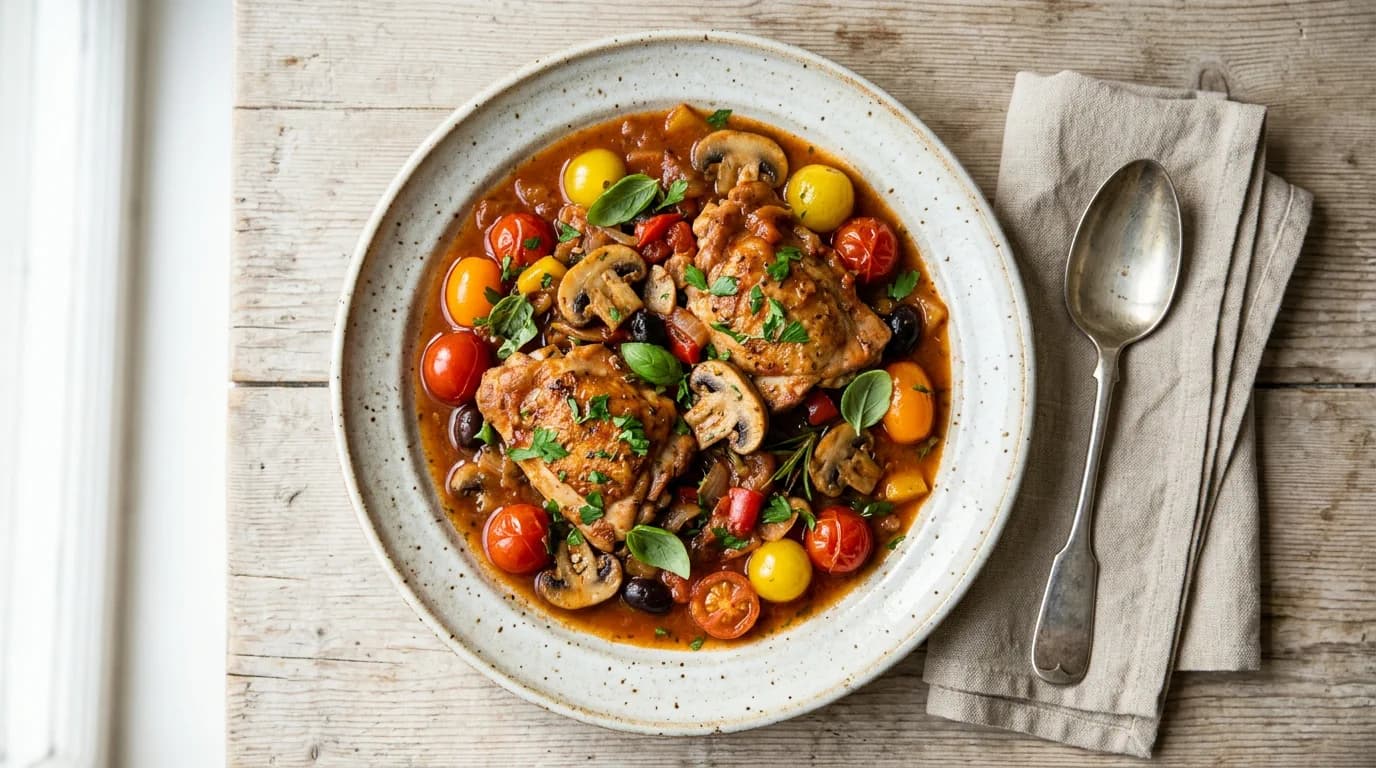 Cacciatore på kycklinglårfilé och färska champinjoner