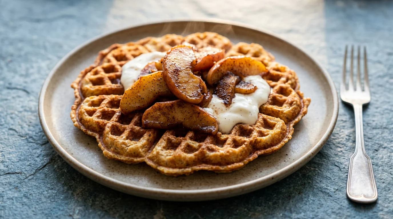 Klassiska frasiga proteinvåfflor med kanelstekta äpplen