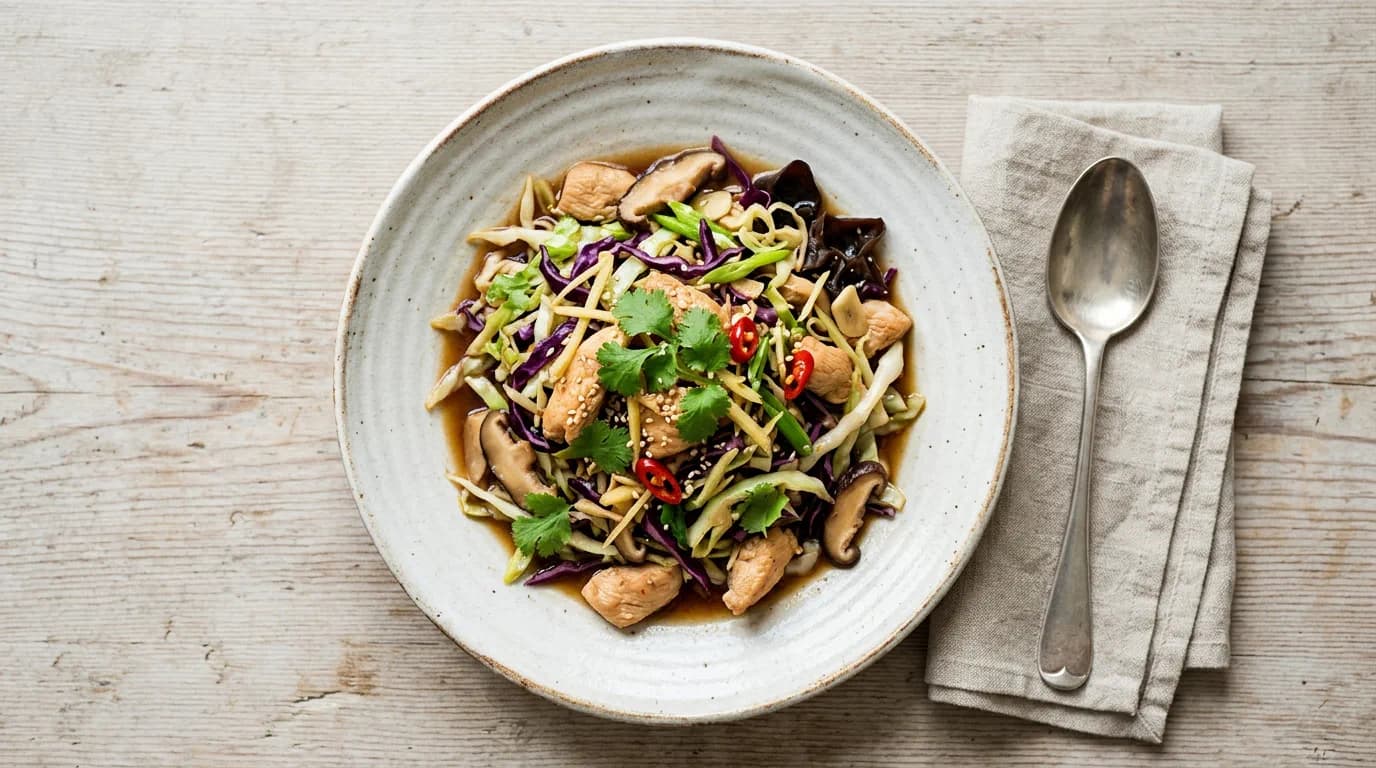 Kinesisk kycklingwok med spetskål, svamp och ingefära