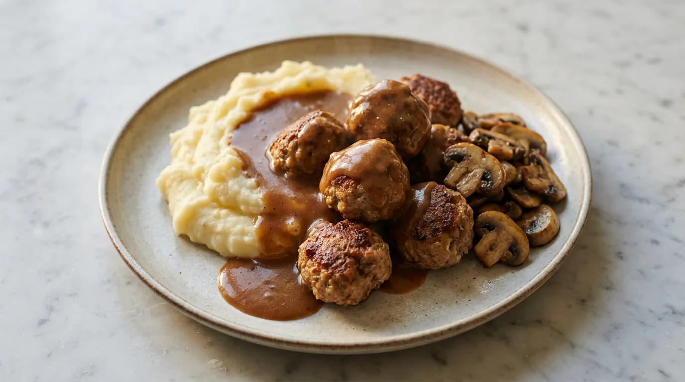 Köttbullar med smörigt potatismos, brunsås och stekta champinjoner