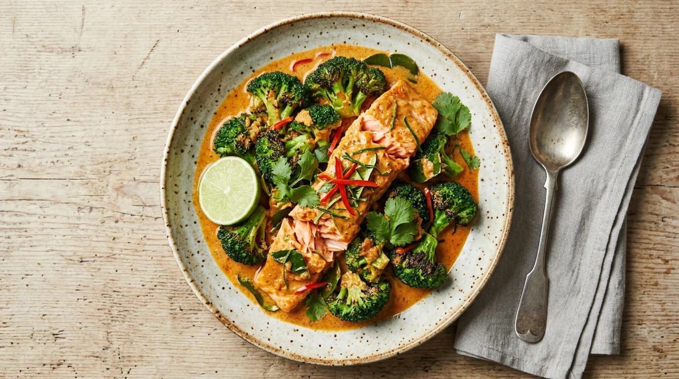 Panangstekt lax med krispig broccoli och lime